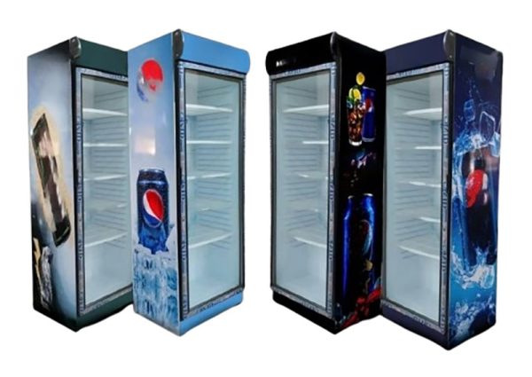 یخچال تک درب ویترینی ایستاده عرض 60 سانتی متر با استیکر دلخواه